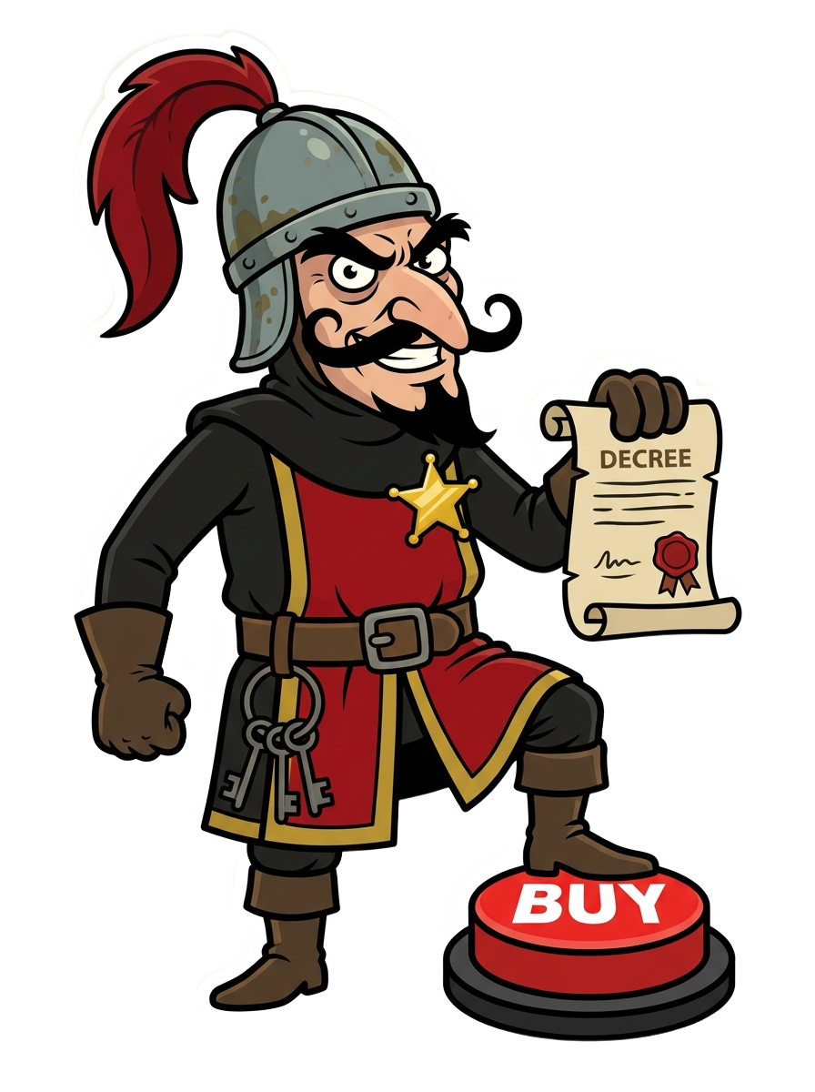 The Sheriff — an original medieval villain mascot holding a DECREE scroll, boot planted on a big red BUY button